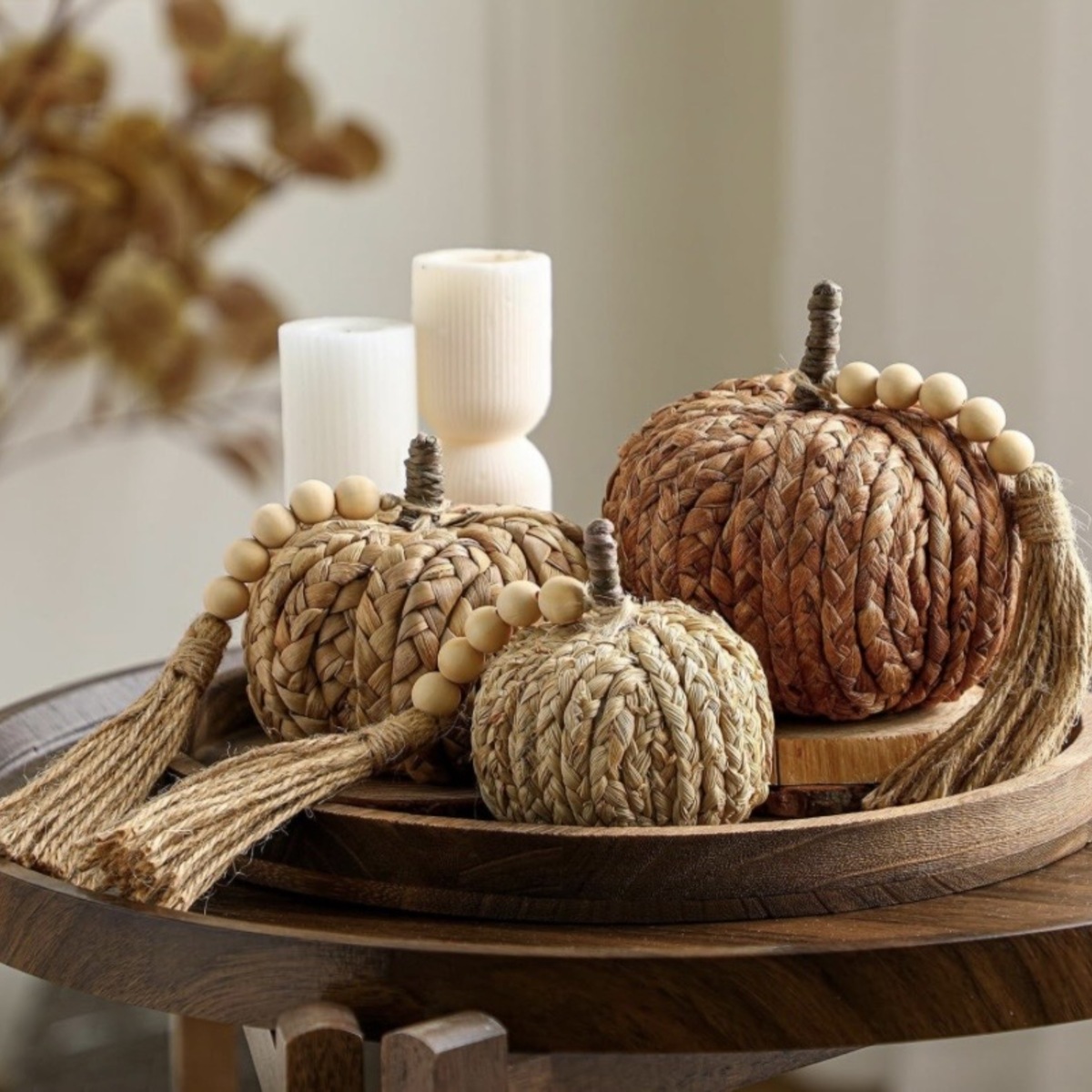 A warm seasonal home styling vignette