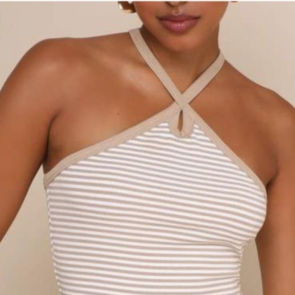 Striped Ribbed Knit Keyhole Halter Top