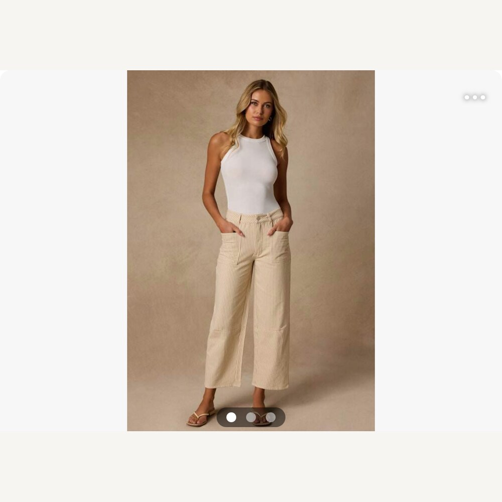 Beige Striped Twill High-Rise Ankle Pants