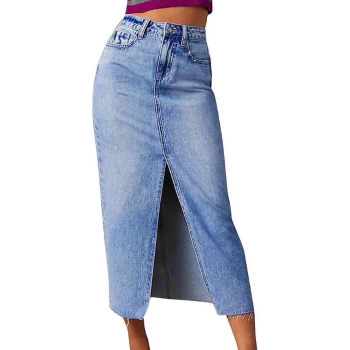 Front-Slit Denim Midi Skirt