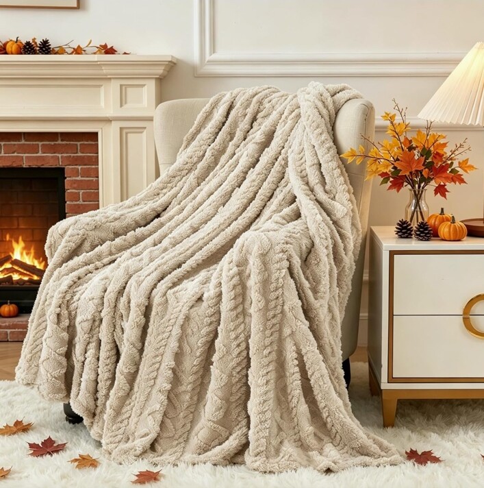 Ivory Cable-Knit Throw Blanket